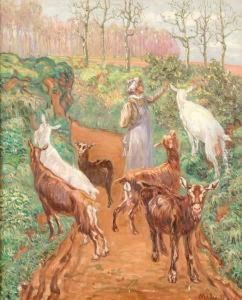Farm Woman Tending Goats