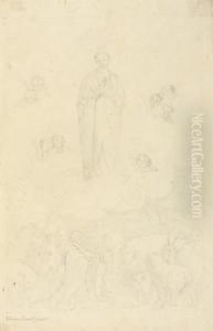 The Virgin In Clouds Surrounded By Putti, God Blessing Adam Infront Of The Animals Below