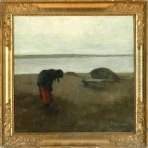 Autumn Inlet Scenery With A Woman Weeding The Fields by Jens Vige