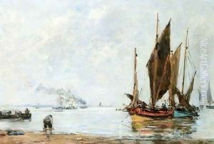Boats At Anchor along the Shore by Eugene Boudin