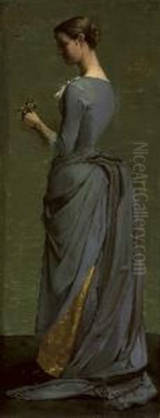 Portrait Of The Artist's Wife, Full-length, In A Blue Dress, Holding A Bunch Of Pansies - view 1