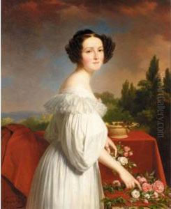 Portrait Of A Lady Arranging Roses by Pierre Roch Vigneron