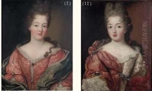 1 - "portrait De Femme De Qualite En Robe Rouge Et Manteau Vert". 2 - "portrait De Femme De Qualite En Robe Blanche Et Manteau Rouge". by Philippe Vignon