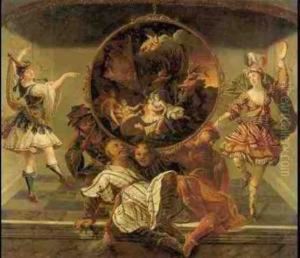 Chinoiserie Figures Surrounding A Painting Depicting A Satyr Threatening Diana And Her Nymphs