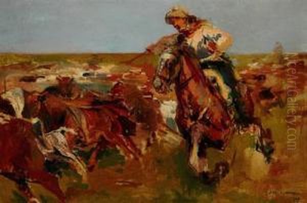 Jinete A Caballo Y Ganado En La Pampa - view 1
