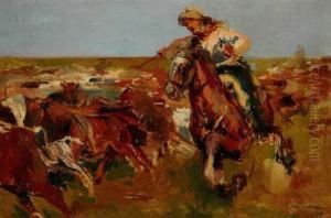 Jinete A Caballo Y Ganado En La Pampa
