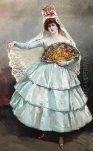 Retrato De Dama Concon Mantilla Y Abanico Cantones by Julio Vila y Prades