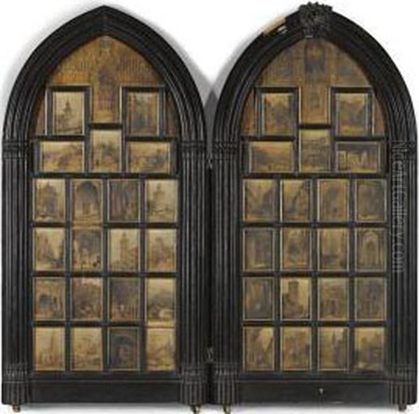 42 Views Of Spanish Towns Including Toledo, Seville, Cordoba,oviedo And Granada, Mounted In A 19th Century Ebonised Gothictwo-fold Screen - view 1