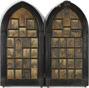 42 Views Of Spanish Towns Including Toledo, Seville, Cordoba,oviedo And Granada, Mounted In A 19th Century Ebonised Gothictwo-fold Screen