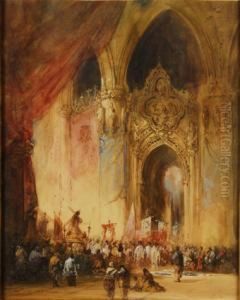 Procesian En El Interior De Un Templo. by Genaro Perez Villaamil Y Duguet