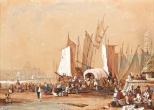 Visverkoop In De Haven by Jules Louis Frederic Villeneuve