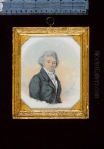 A Pair Of Portraits Of A Lady And Gentleman; She, Wearing White Dress With White And Pink Trimmed Waistsash, White Underslip And Coral Earring, Matching Comb And Black Ribbon Adorn Her Hair; He, Wearing Blue Coat, White Waistcoat And Tied White Cravat. by Antoine Paul Vincent