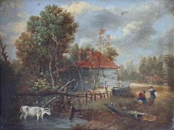 Figures By A Cottage, A Cattle Watering In A Country Pool - view 1