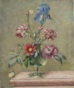 Iris Bleus, Roses Et Narcisses Dans Un Vase Pose Sur Un Entablement De Marbre by Henriette-Antoinette Vincent