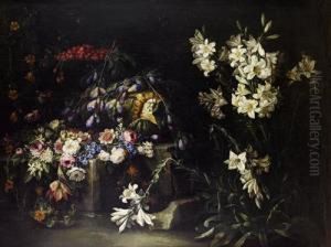 A Still Life Of Lilies, Roses, Tulips Andother Flowers With A Split Melon And A Bowl Of Strawberries Uponruined Stonework