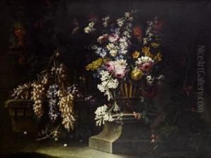 A Still Life Of Grapes Upon Ruined Stonework,with Jasmine, Peonies And Other Flowers In An Urn by Giuseppe Vincenzino