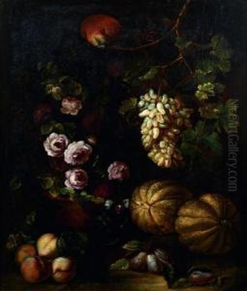 Singe Et Perroquet Au Milieu D'une Nature 
Morte De Fruits Et De Fleurs - view 1