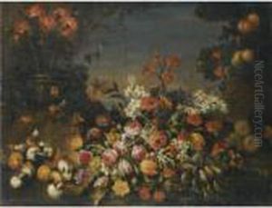 A Forest Floor Still Life With An Array Of Flowers, Fruit Andmushrooms