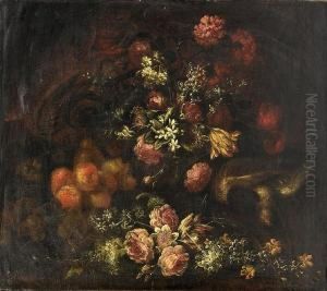 Peaches And Pears With Roses, Jasmine, Carnations And Other Flowers On A Ledge Beside A Dove