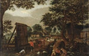 A Village View With A Muleteer And Shepherds On A Track by David Vinckboons I