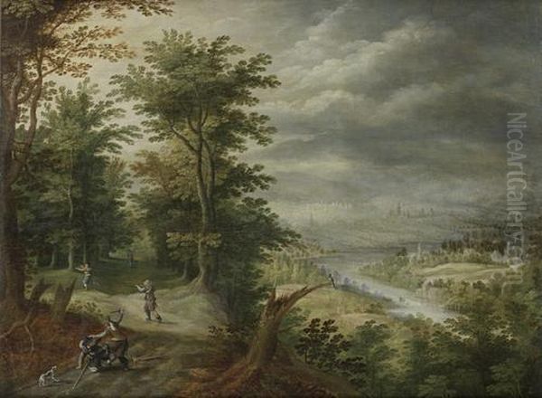 Bandits Attacking Travellers In A Wood, An Open River Landscape In The Distance - view 1