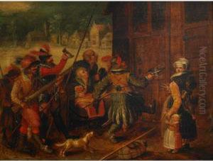 Spanish Soldiers And Village Onlookers Ousting A Tenant In Medieval Flanders