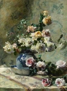 Roses Cascading From A China Vase Into A Bowl by Flore Vindevogel-Geleedts