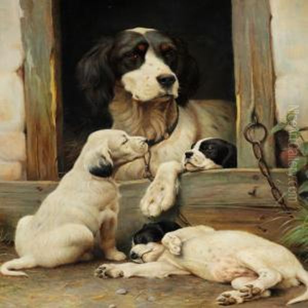Cocker Spaniel With Three Puppies - view 1