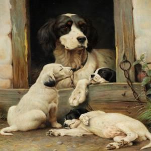 Cocker Spaniel With Three Puppies