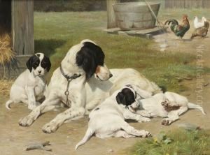 An English Setter And Pups In A Sunny Yard
