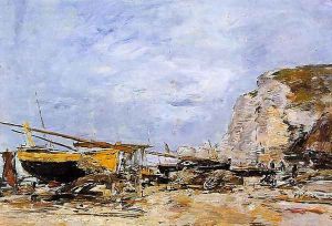 Etretat, Boats Stranded on the Beach by Eugene Boudin