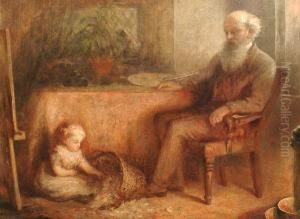 An Artist Seated Before An Easel With A Childat His Feet by John Alfred Vinter