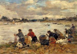 Laundresses on the Banks of the Touques VII by Eugene Boudin