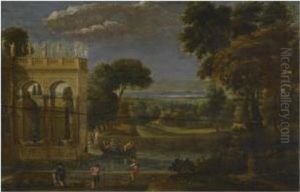 A Classical Wooded Landscape With Figures By A Palace by Gian Battista Viola