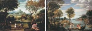 An Extensive River Landscape With A Ferry; And A Mountainouslandscape With A Hunt by Gian Battista Viola
