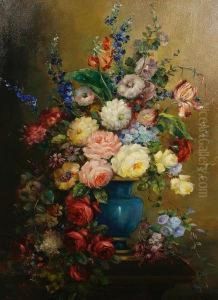 Still Life Of Mixed Flowers In A Bluevase