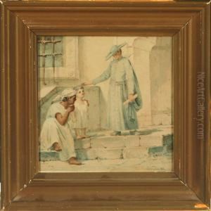 Scene With People Anda Priest On A Staircase
