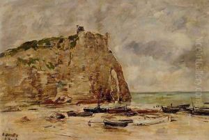 Etretat, Beached Boats and the Cliff of Aval by Eugene Boudin