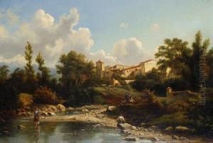Figures By A River With A Village Beyond