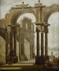 A Boy Wrestling With A Dog, A Mother And Childand Other Figures Beneath Roman Ruins With A Mediterranean Harbourbeyond by Nicola Viso
