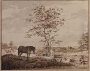 Landscape With A Horse And A Boy With His Feet In A Pond by Johannes Pieter Visser-Bender