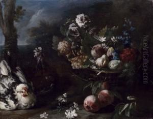 Natura Morta Di Fiori, Frutta Con Due Galline by Candido Vitali