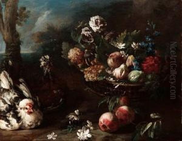 Un Gallo, Una Chiocca E Un Cesto Di Frutta E Fiori Con Pesche Fiori In Primo Piano - view 1