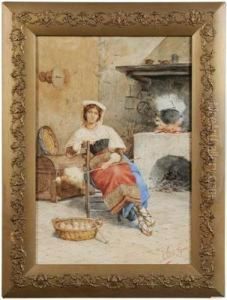 Spinning Yarn By The Hearth by Eduard Vitali