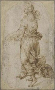 A Female Figure Walking To The Right And A Separate Sketch Of A Head Of A Boy And A Hand by Timoteo Viti