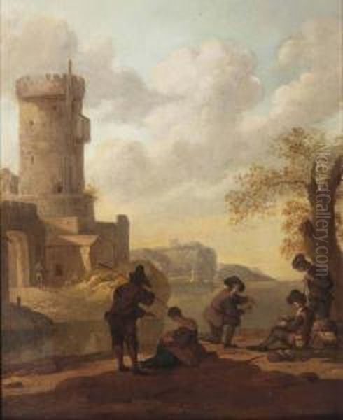 A Coastal Landscape With Figures Resting Outside A City Gate - view 1