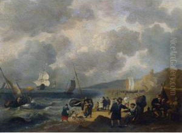 Figures On The Beach With Shipping In A Choppy Sea - view 1