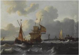 Dutch Shipping In Choppy Waters Near A Dutch Village by Wigerius Vitringa
