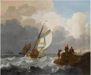 Dutch Sailing Vessels In Choppy Waters, Fisher Folk On The Rocks Inthe Foreground, A View Of A Town Beyond Dutch Sailing Vessels In Choppy Waters, Fisher Folk On The Rocks Inthe Foreground, A View Of A Town Beyond