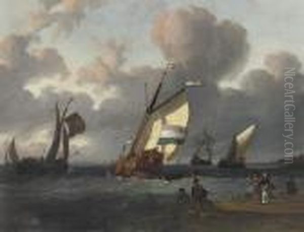Shipping In Choppy Waters Before A Crowded Beach, A Townbeyond - view 1